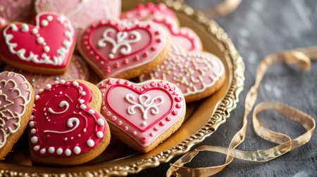 Valentine's Day cookies in the shape of hearts on a wooden backgroundの素材