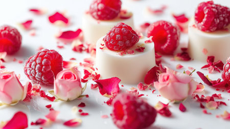 White chocolate dessert with fresh raspberries and rose petals on white backgroundの素材