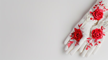 Handmade white gloves with red roses on white background with copy spaceの素材