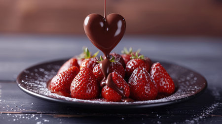 Strawberries with chocolate on plate on wooden table, closeupの素材