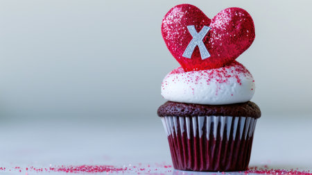 Valentines day cupcake with red heart on top over white backgroundの素材