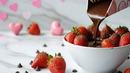 Chocolate dipped strawberries in a bowl and heart shaped sprinklesle backgroundの素材