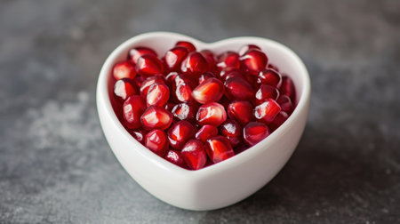 Ripe pomegranate seeds in a heart shaped bowl on a dark backgroundの素材