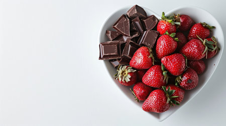 Strawberries in a heart-shaped bowl on a white backgroundの素材