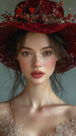 Portrait of a beautiful girl in a red hat with a veilの素材