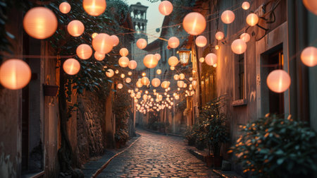 Street decorated with lanterns in the old town of Tallinn, Estoniaの素材