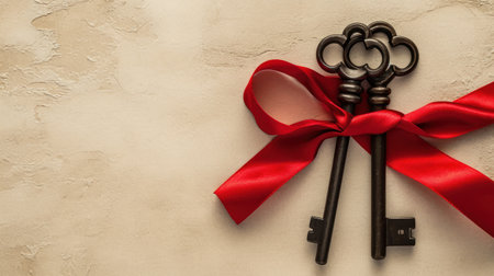 Vintage keys with red ribbon bow on stone background, copy spaceの素材