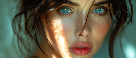 Close-up portrait of a beautiful young woman with blue eyes.の素材