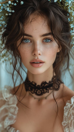 Portrait of a beautiful girl with blue eyes and a wreath of flowers on her headの素材