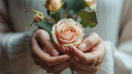 Close up of woman's hands holding a bouquet of roses.の素材