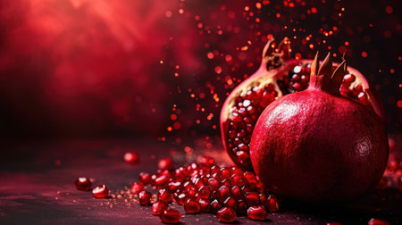 Ripe pomegranate fruit on a dark background with red lights.の素材