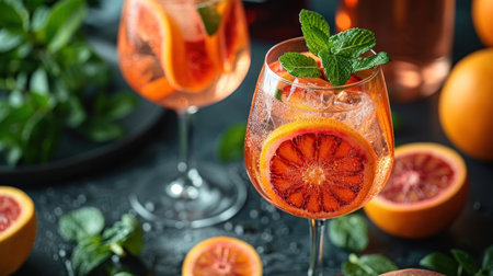Cocktail with blood orange, mint and ice on dark backgroundの素材