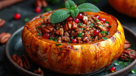 Baked pumpkin with buckwheat porridge and pomegranate seedsの素材