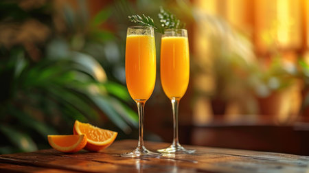 Two glasses of tasty orange juice on table in cafe, closeupの素材