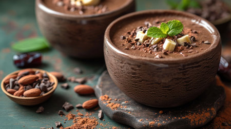 Delicious chocolate mousse in bowls on wooden table, closeupの素材