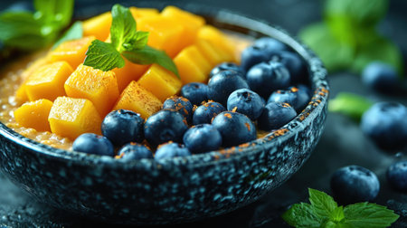 Mango smoothie bowl with blueberries and mango, selective focusの素材