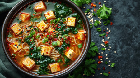 Japanese miso soup with tofu and kale in bowl on black backgroundの素材