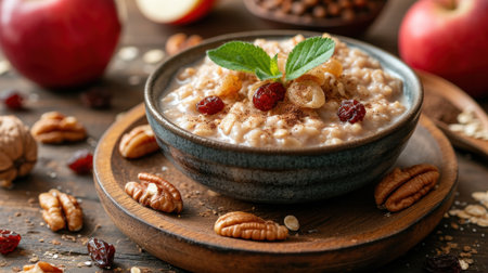 Tasty oatmeal with nuts and berries in bowl on wooden tableの素材