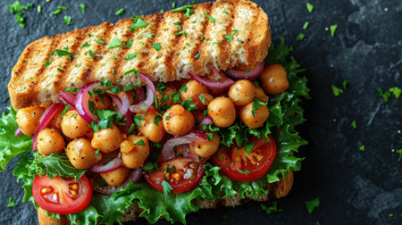 Healthy vegetarian sandwich with chickpeas, tomato, onion and lettuce on a dark backgroundの素材