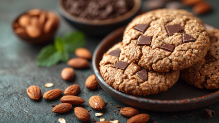 Delicious oatmeal cookies with chocolate and nuts on grey table, closeupの素材