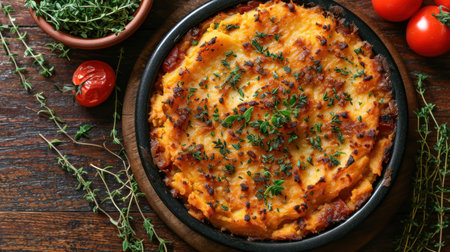 Tasty baked potato casserole on wooden table, top viewの素材