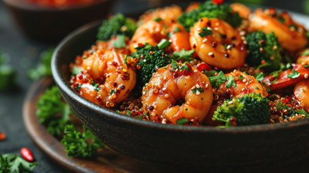 Tasty shrimps with quinoa in bowl, closeupの素材