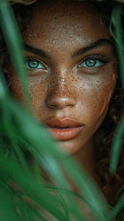 Beauty portrait of young woman with green eyes and wet skin.の素材