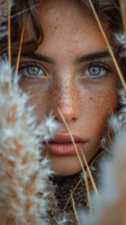 Close-up portrait of a beautiful young girl with blue eyes in the reedsの素材