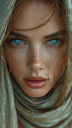 Close-up portrait of a beautiful young woman with blue eyes and frecklesの素材