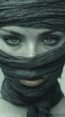 Portrait of a beautiful young woman with a scarf on her headの素材