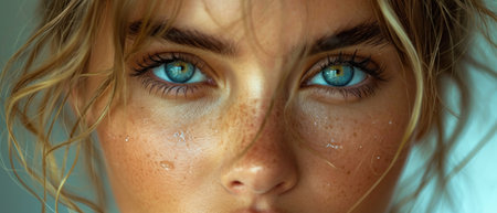 Close up portrait of a beautiful young woman with blue eyes and wet hairの素材