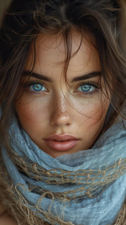 Portrait of a beautiful girl with blue eyes in a scarf.の素材