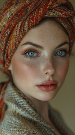 Portrait of a beautiful young girl with blue eyes and brown hair in a scarfの素材