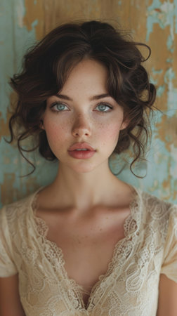 Portrait of a beautiful young woman with blue eyes and curly hairの素材