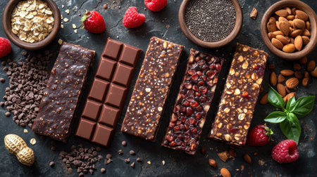 Chocolate bars with nuts, berries and chia seeds on dark backgroundの素材