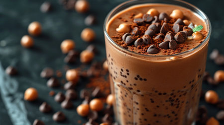 Delicious chocolate smoothie with nuts on dark table, closeupの素材