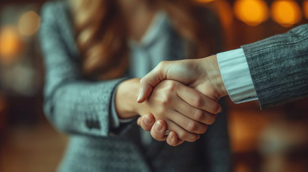 Close-up of businessman and businesswoman shaking hands in office.の素材