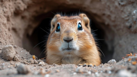 Prairie dog in a hole in the ground looking at the cameraの素材