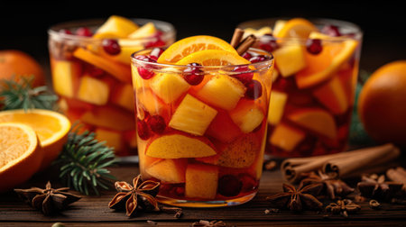 Glasses of delicious sangria with oranges on wooden table, closeupの素材