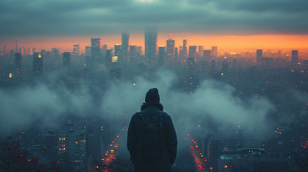 Man with backpack looking at the night city and foggy sky.の素材