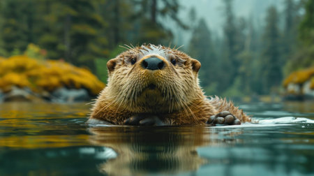 Otter swimming in the water. Wildlife scene from Alaska.の素材