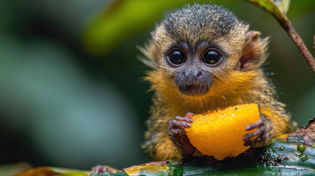Close up of Saguinus nigricollis monkey eating an orangeの素材