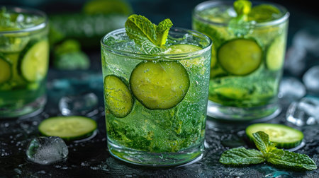 Cucumber mojito with mint and ice on dark backgroundの素材
