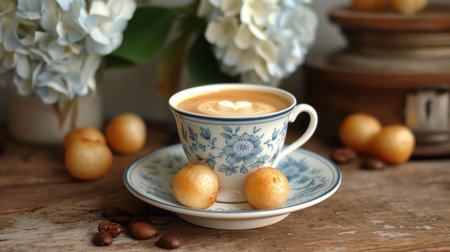 Coffee cup and coffee beans on old wooden table, stock photoの素材
