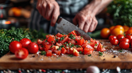 Close-up of a woman's hands cutting tomatoes on a cutting boardの素材