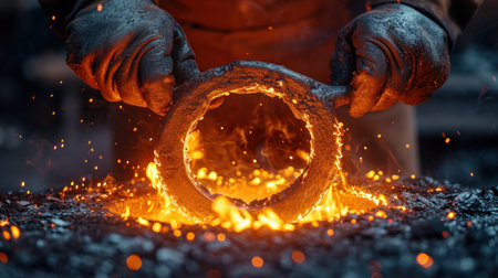 Close-up of a worker using a grinder to weld a ringの素材