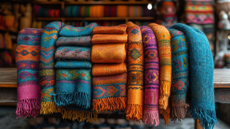 Colorful knitted shawls and scarves on the street marketの素材