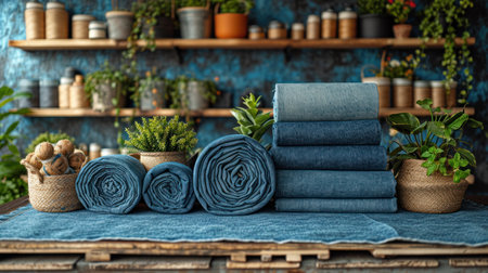 Rolled up blue towels on a wooden table in a flower shopの素材