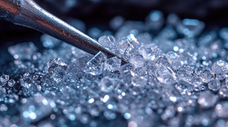 Close-up of a tweezers and crystal sugar crystals.の素材