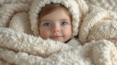 Portrait of a cute little baby girl in a white knitted blanketの素材